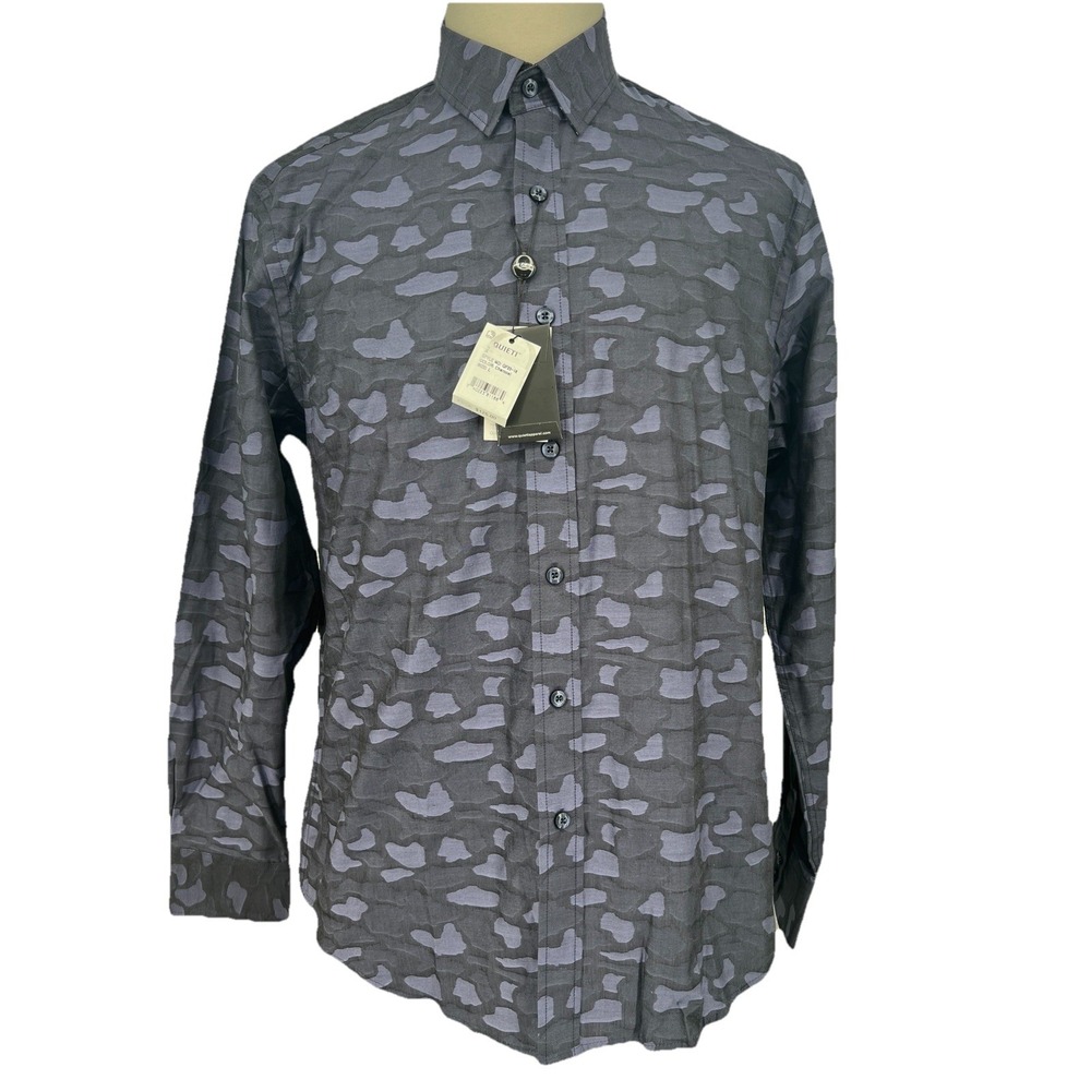 NEW Quieti Fine Cotton Shirt Men's LARGE Charcoal Blue Camo Long Sleeve Button